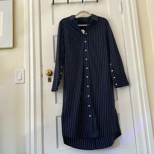 Universal Standard navy/white pinstripe long sleeved shirtdress